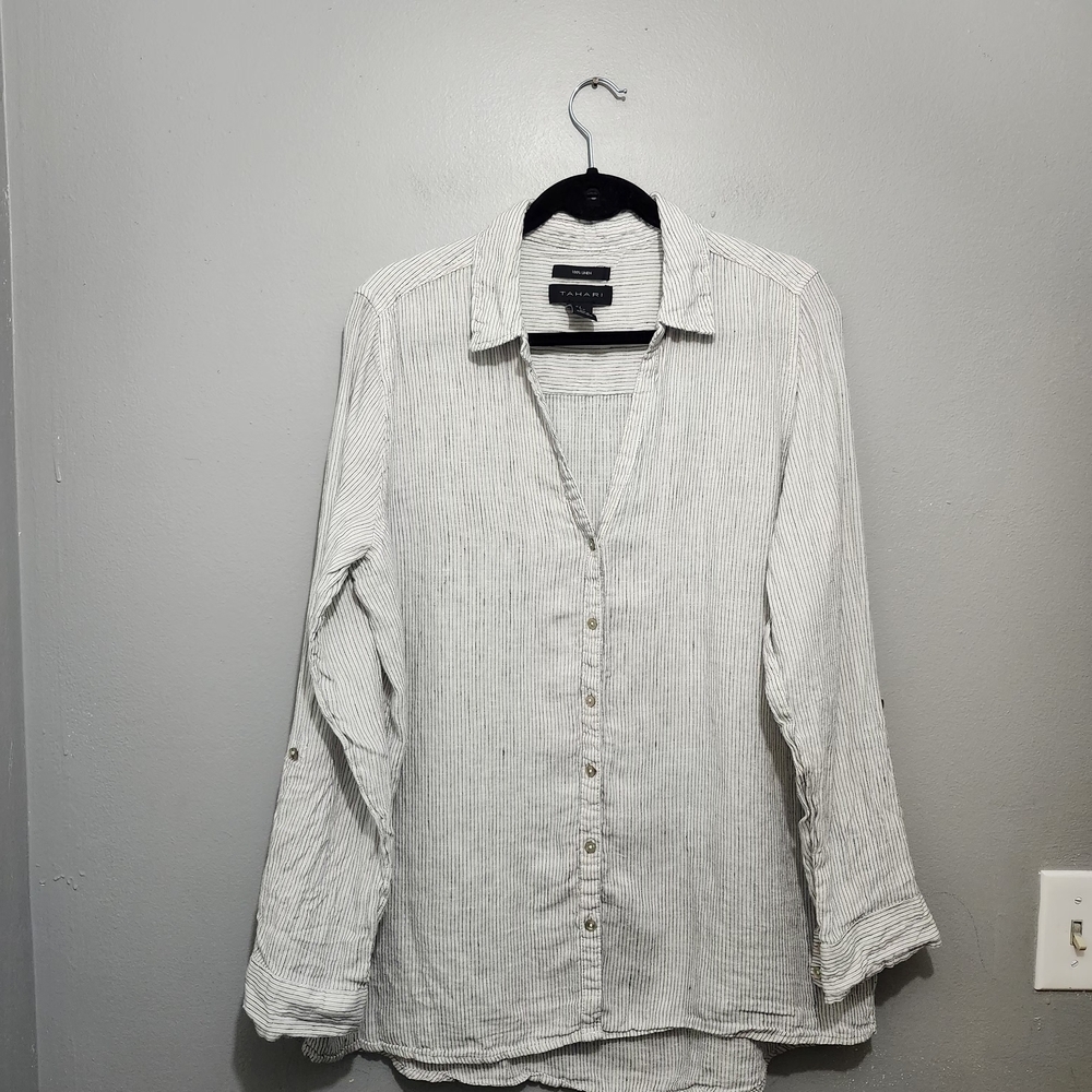 Tahari Cream and Light Gray Striped Relaxed Button- Up Shirt 100% Linen Size L
